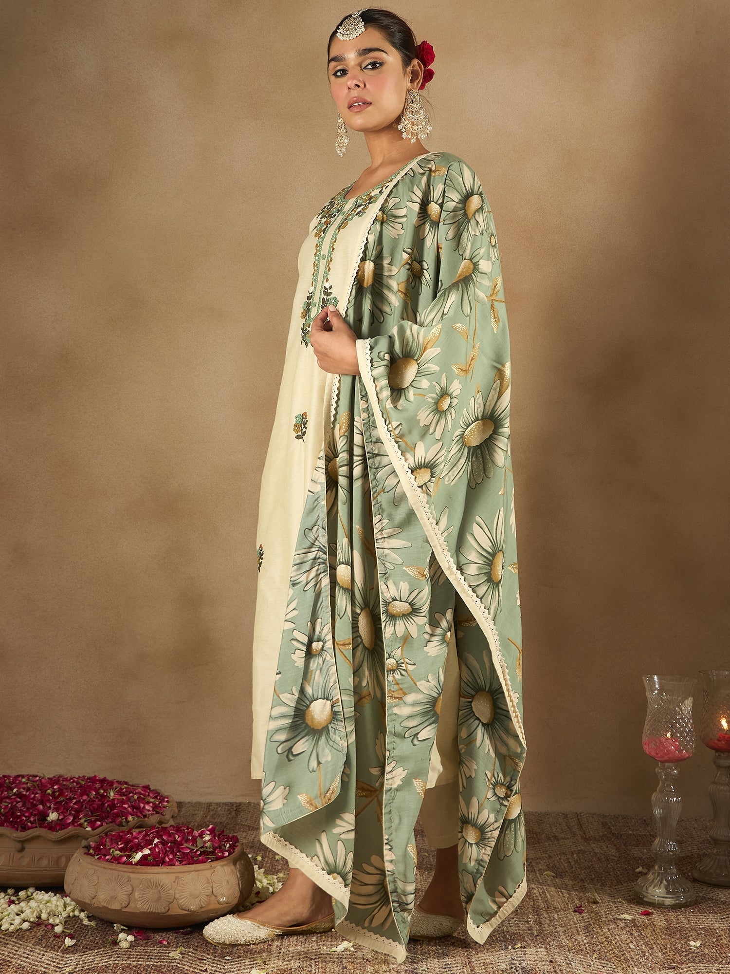 Indo Era Cream Embroidered Straight Kurta Trousers With Dupatta Set
