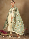 Indo Era Cream Embroidered Straight Kurta Trousers With Dupatta Set