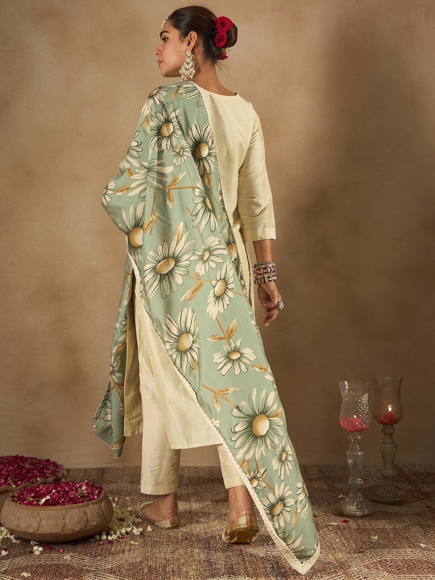 Indo Era Cream Embroidered Straight Kurta Trousers With Dupatta Set