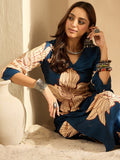 Indo Era Teal Printed Straight Kurta Trousers Set