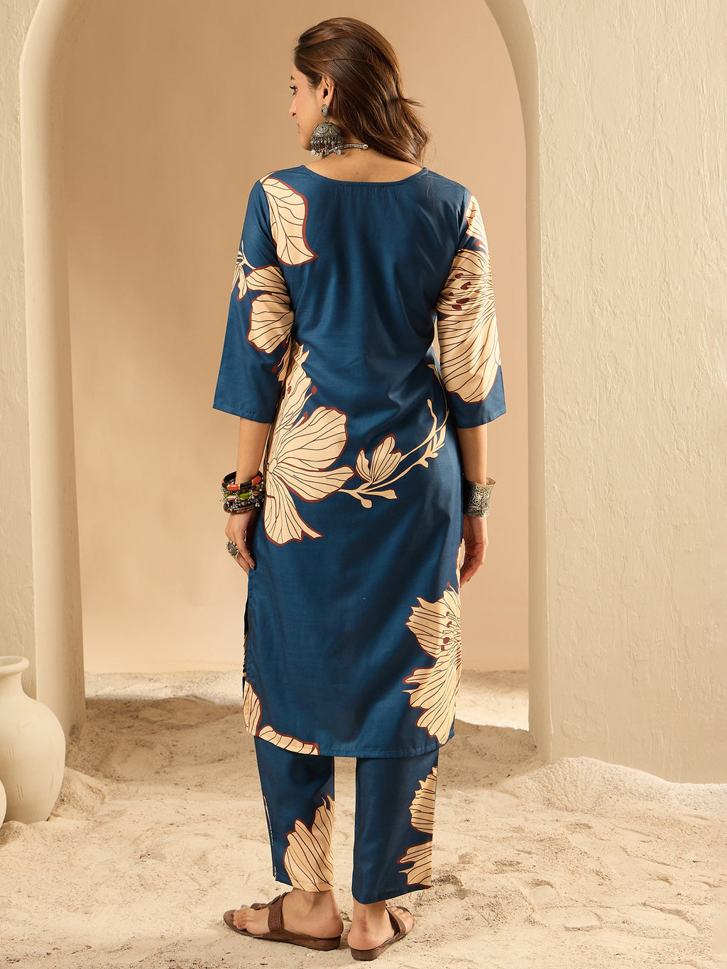 Indo Era Teal Printed Straight Kurta Trousers Set