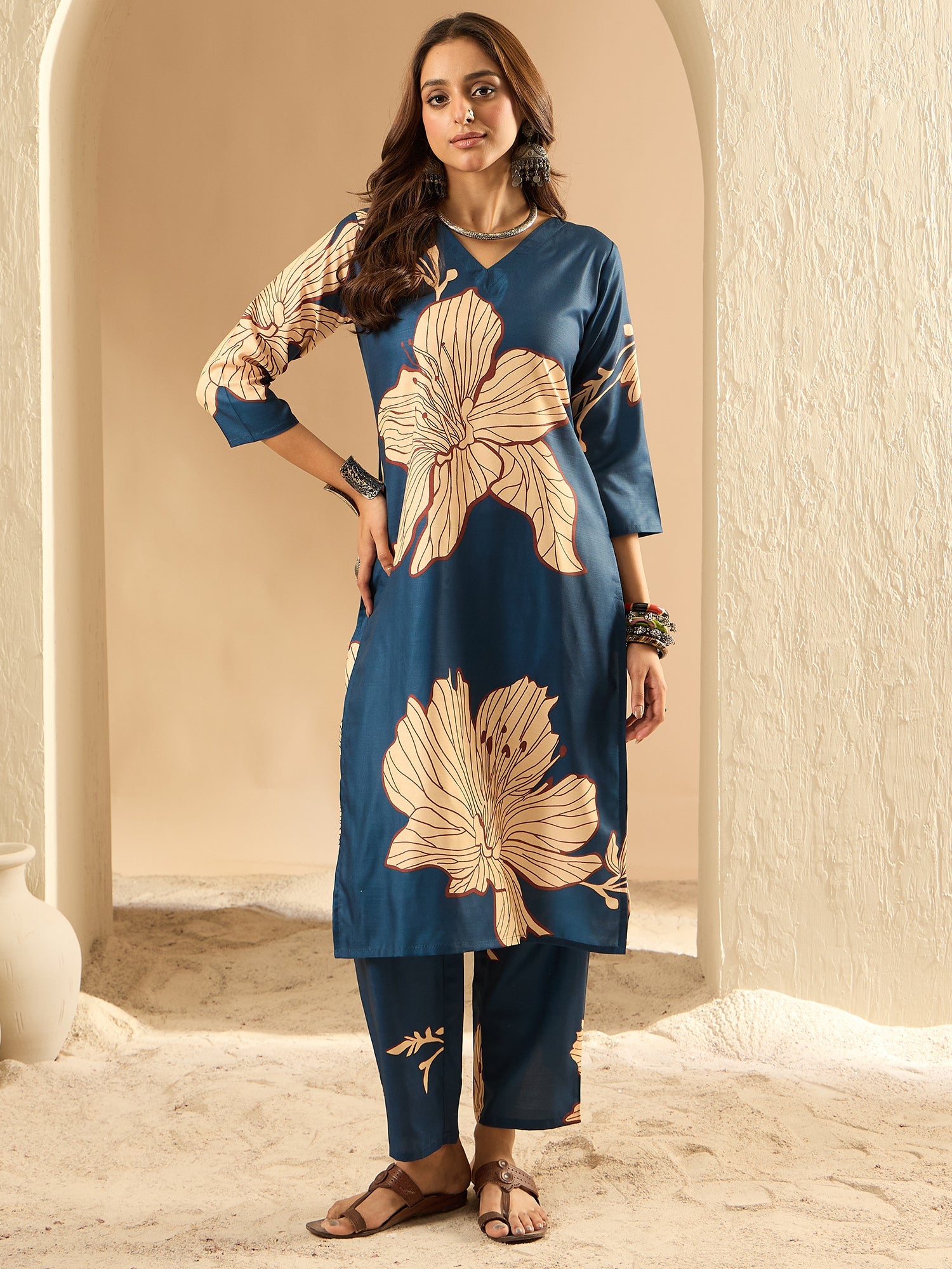 Indo Era Teal Printed Straight Kurta Trousers Set