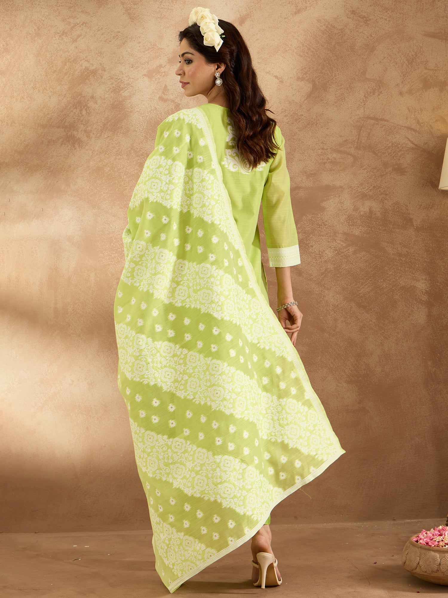 Indo Era Green Woven Design Straight Kurta Trousers With Dupatta set
