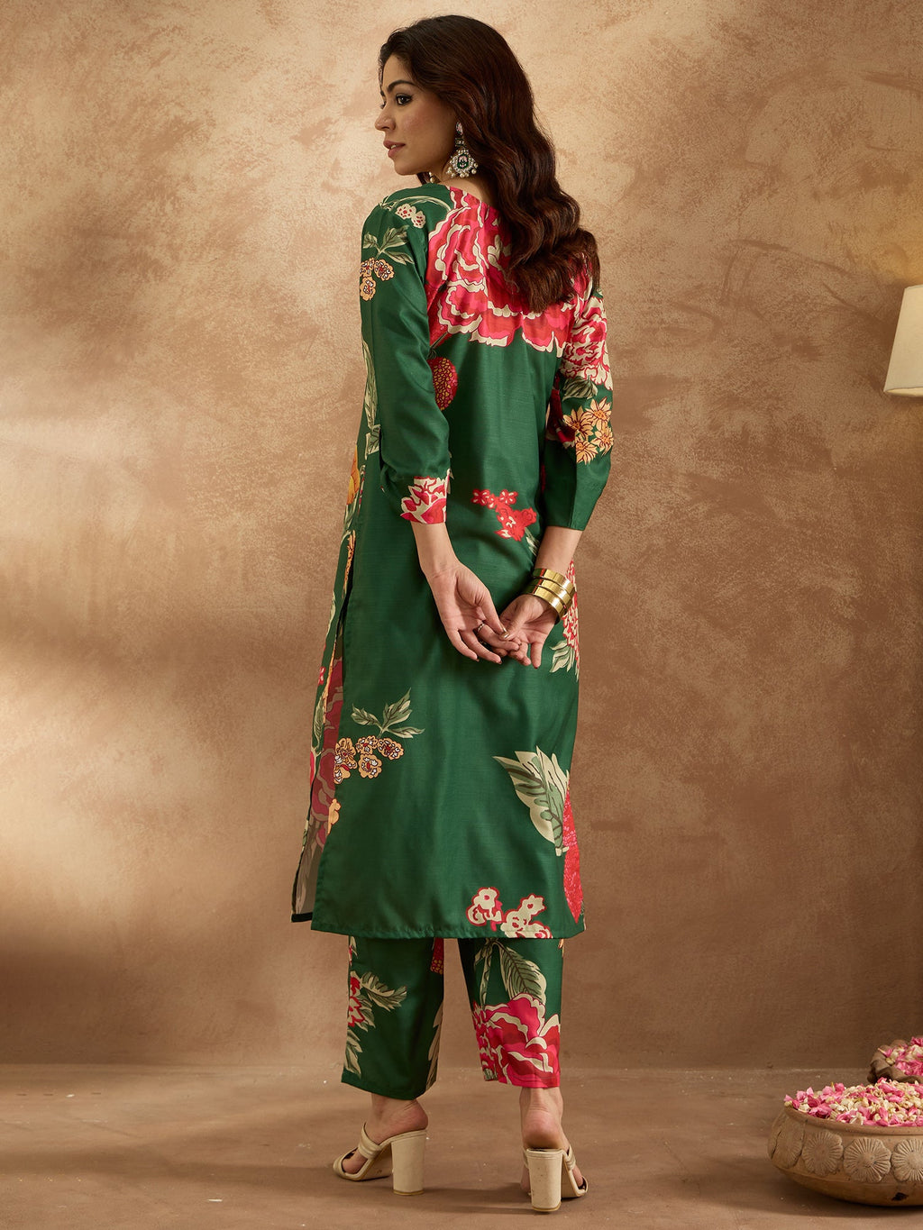 Indo Era Green Printed Straight Kurta Trousers Set