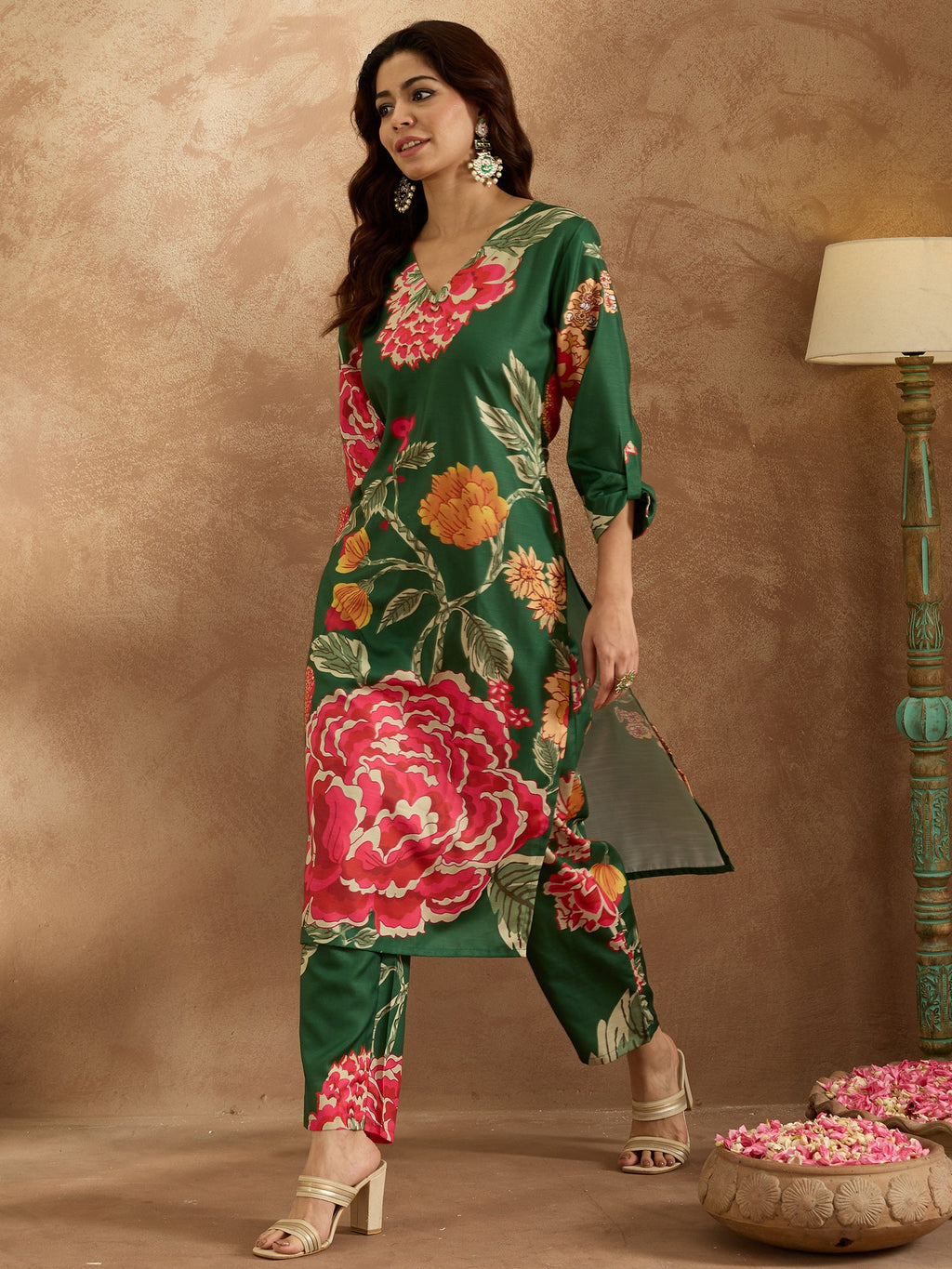 Indo Era Green Printed Straight Kurta Trousers Set