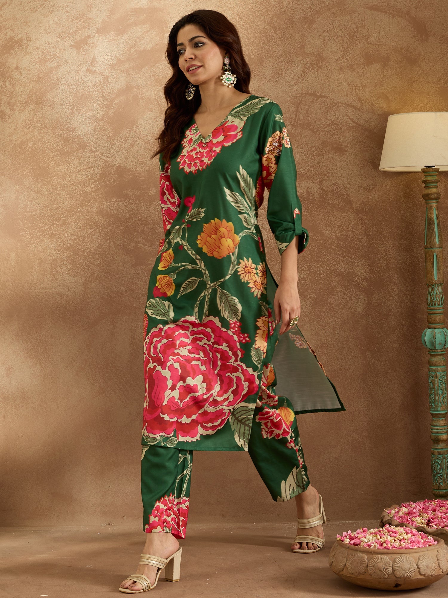 Indo Era Green Printed Straight Kurta Trousers Set