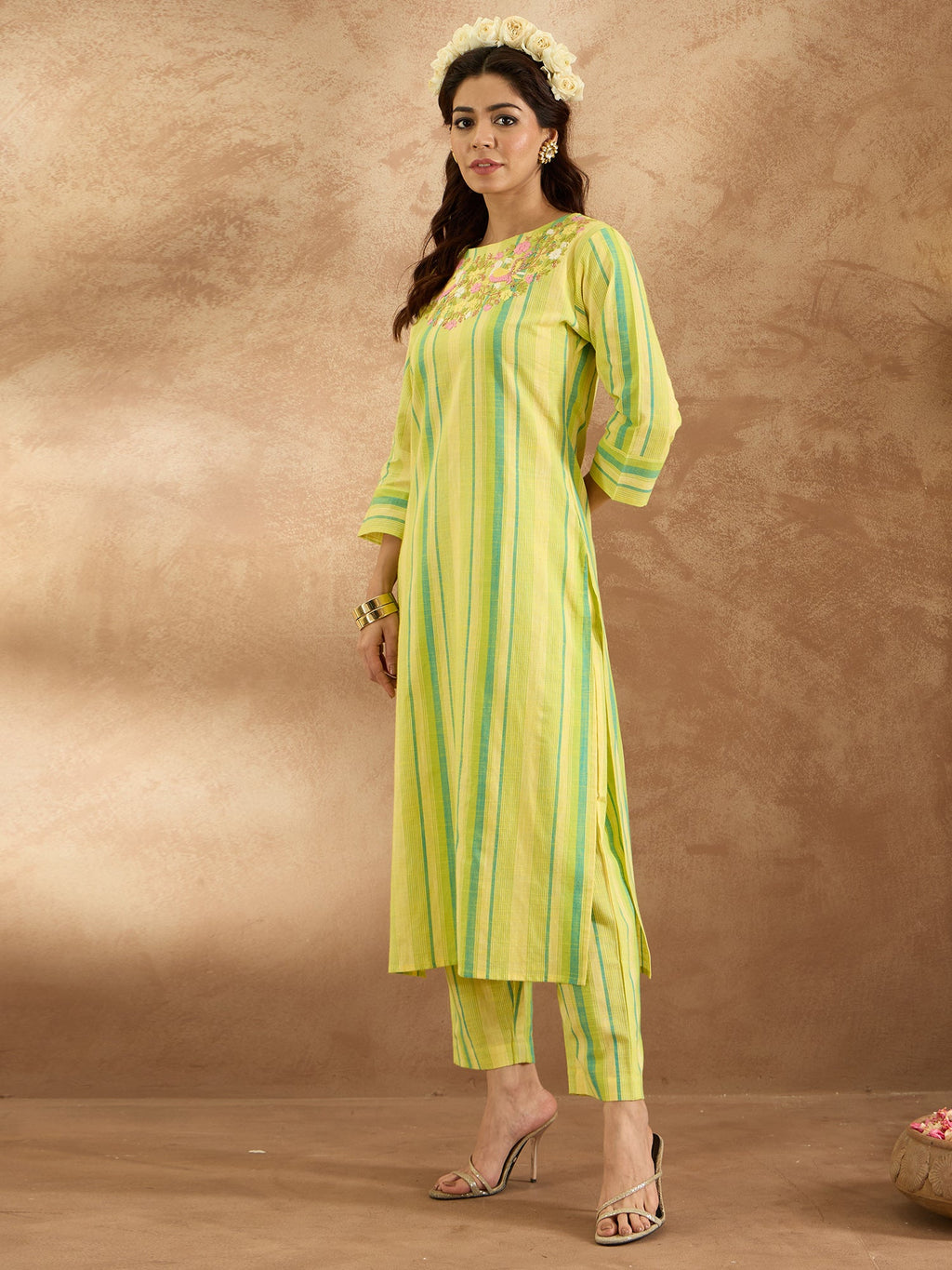 Indo Era Yellow Embroidered Straight Kurta Trousers Set