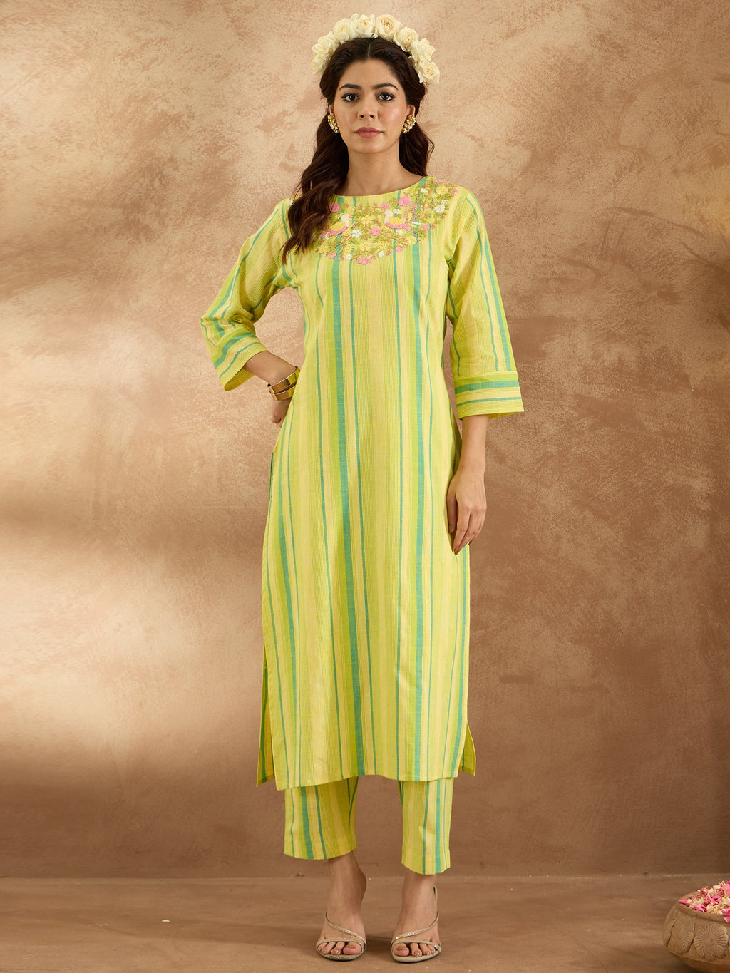 Indo Era Yellow Embroidered Straight Kurta Trousers Set