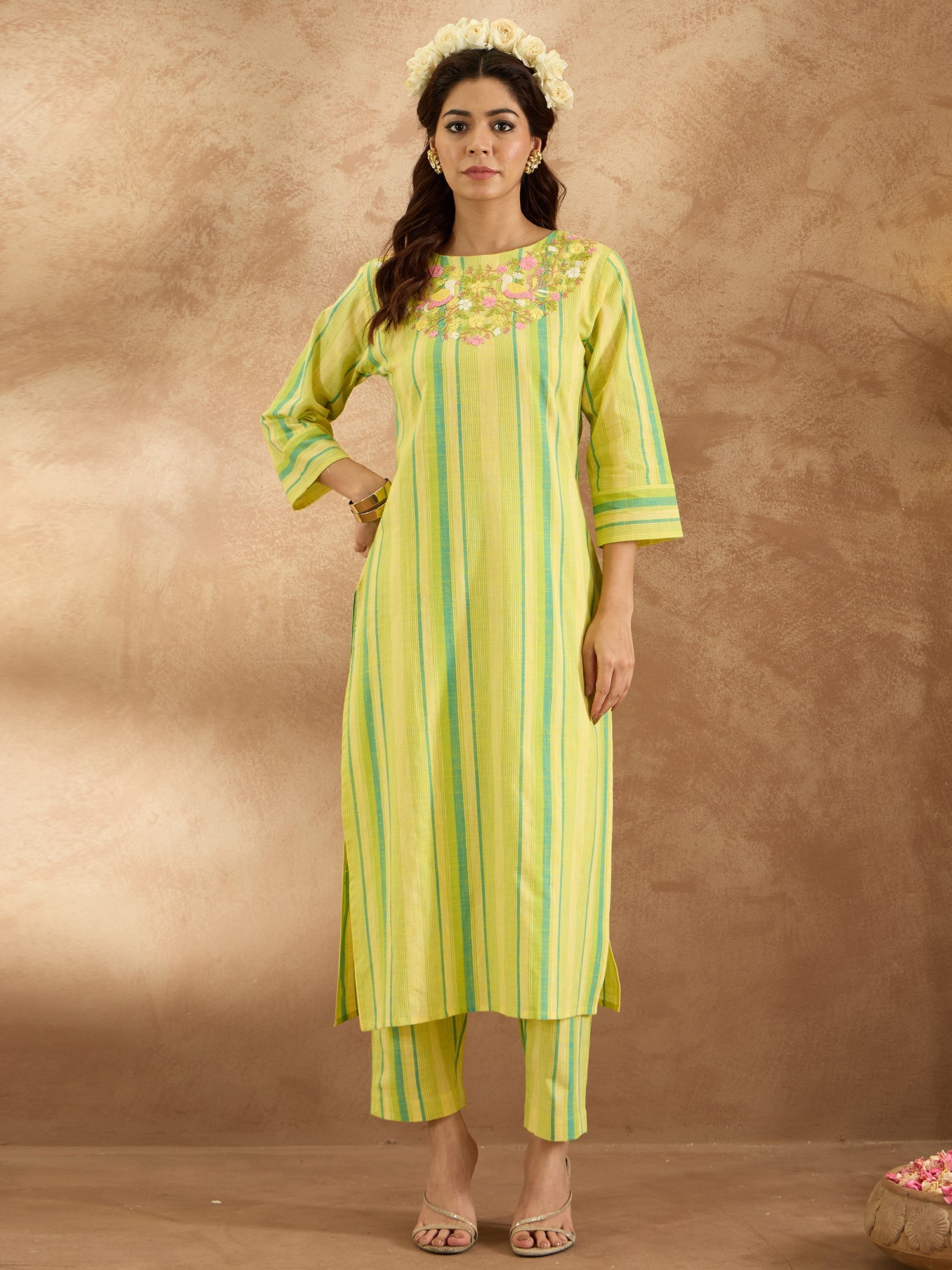 Indo Era Yellow Embroidered Straight Kurta Trousers Set