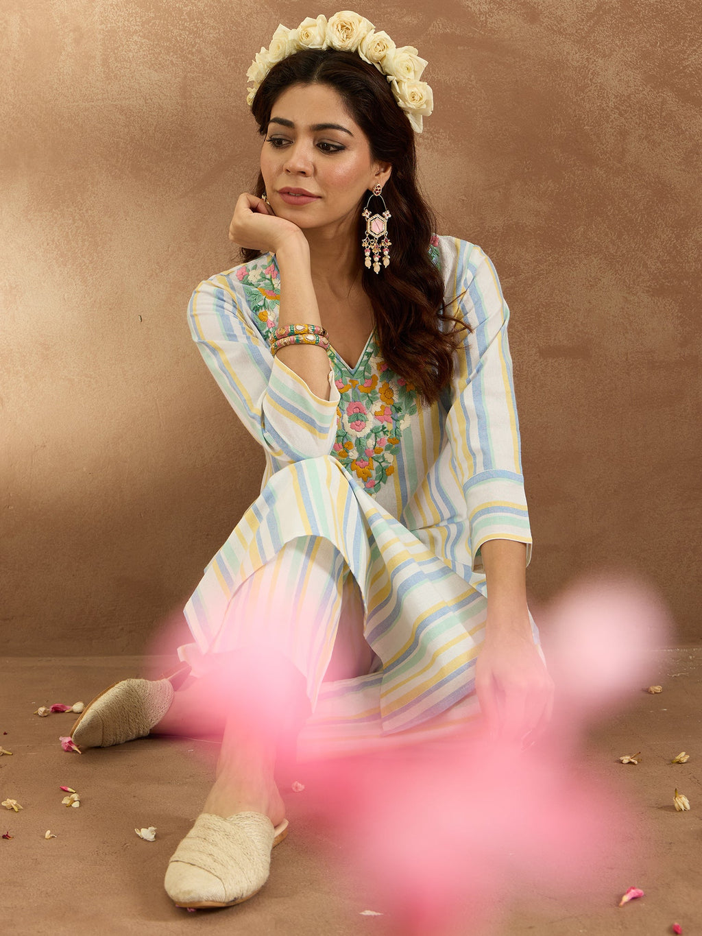 Indo Era Multi Embroidered Straight Kurta Trousers Set