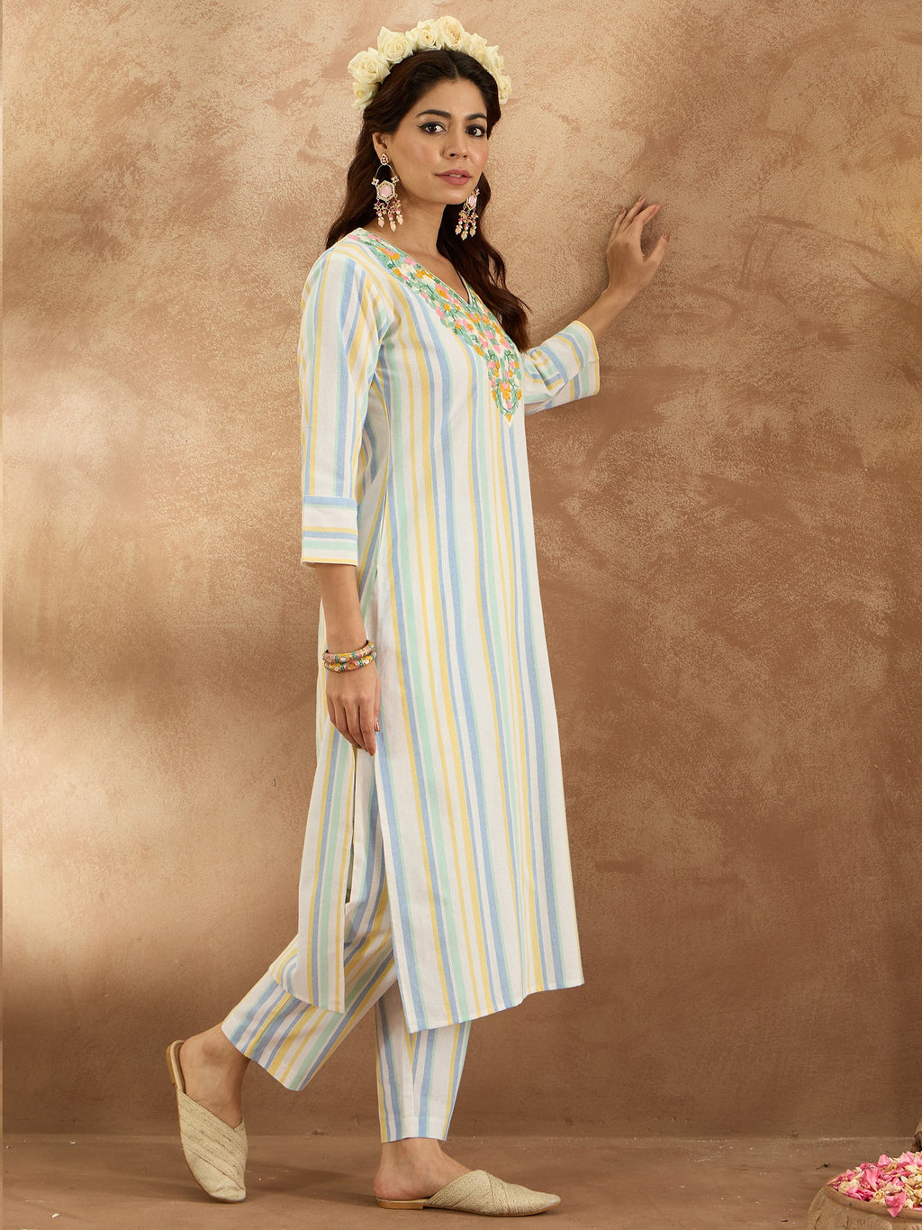 Indo Era Multi Embroidered Straight Kurta Trousers Set