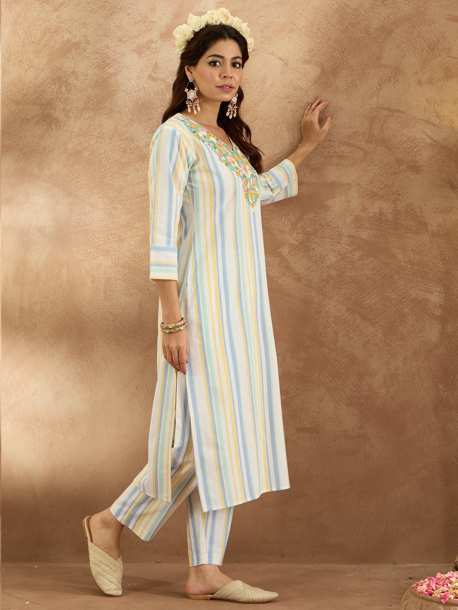 Indo Era Multi Embroidered Straight Kurta Trousers Set