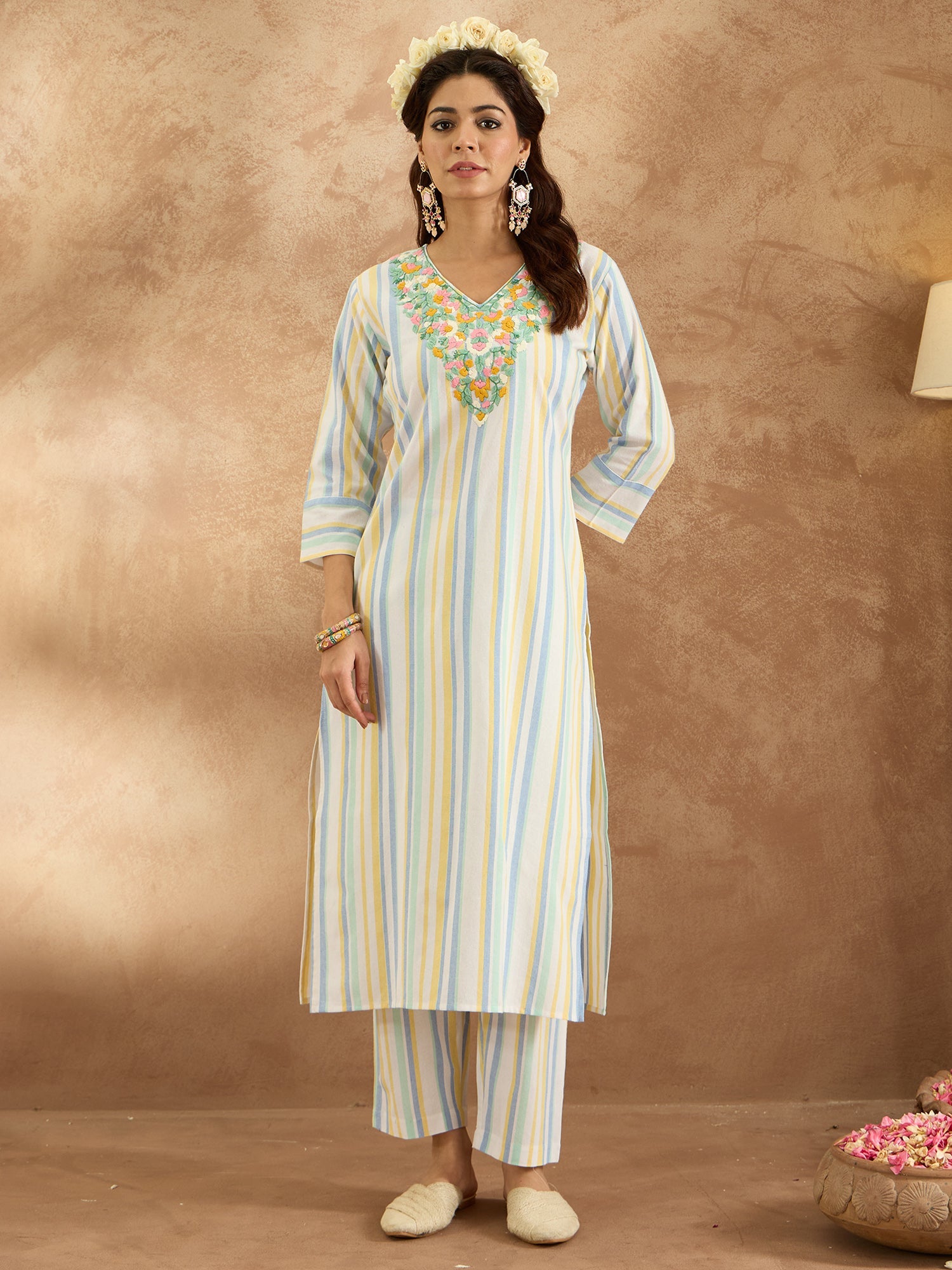 Indo Era Multi Embroidered Straight Kurta Trousers Set