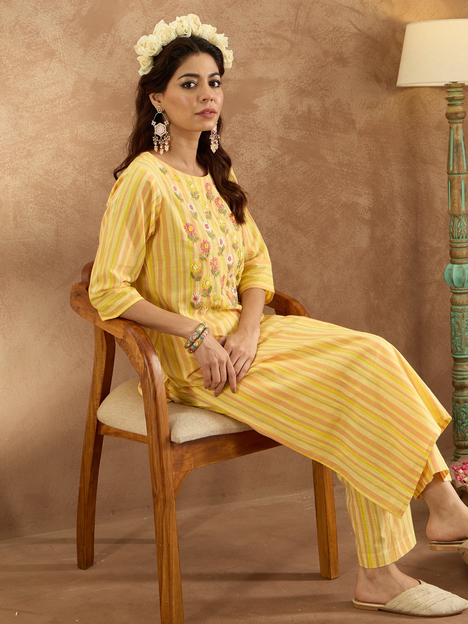 Indo Era Mustard Embroidered Straight Kurta Trousers Set