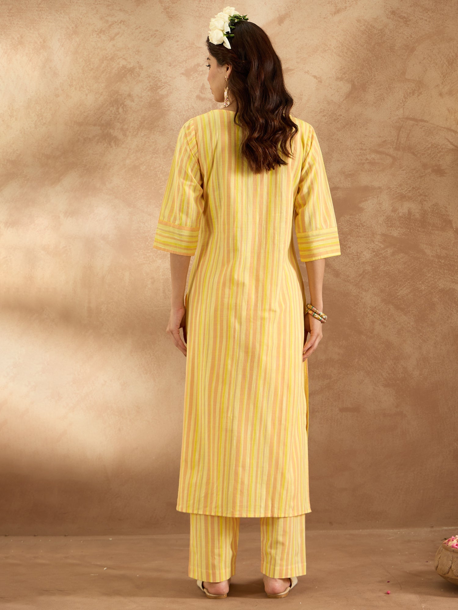Indo Era Mustard Embroidered Straight Kurta Trousers Set