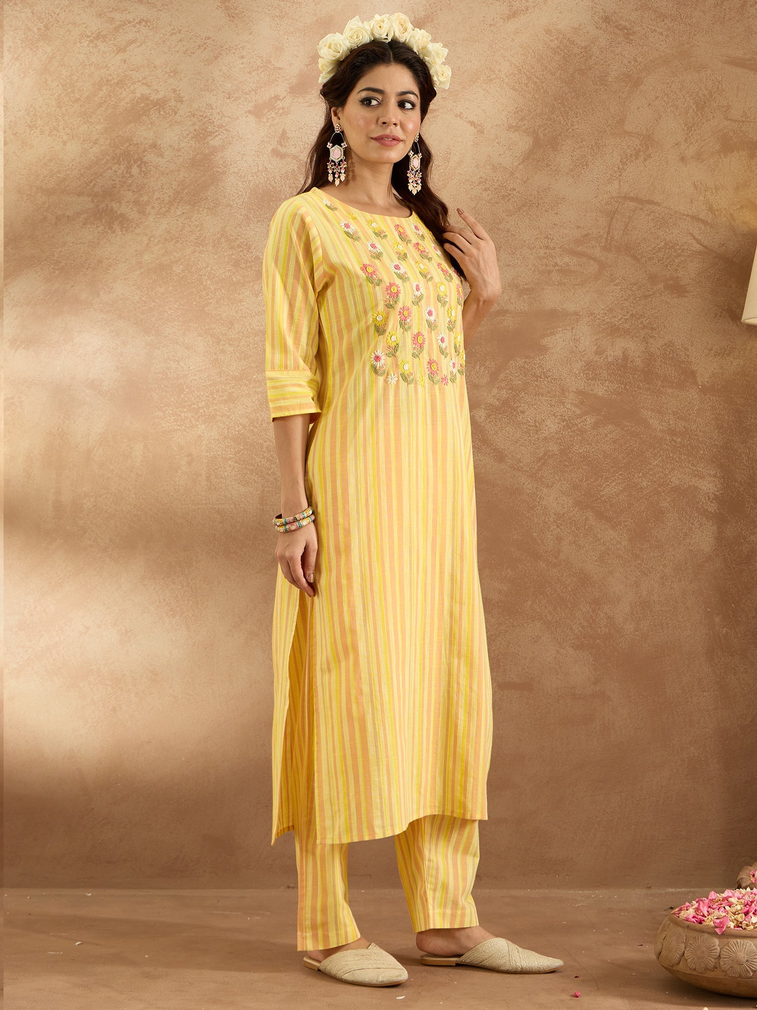 Indo Era Mustard Embroidered Straight Kurta Trousers Set