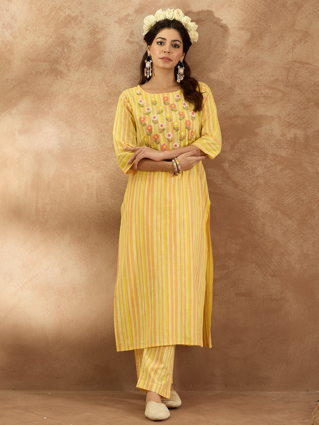 Indo Era Mustard Embroidered Straight Kurta Trousers Set