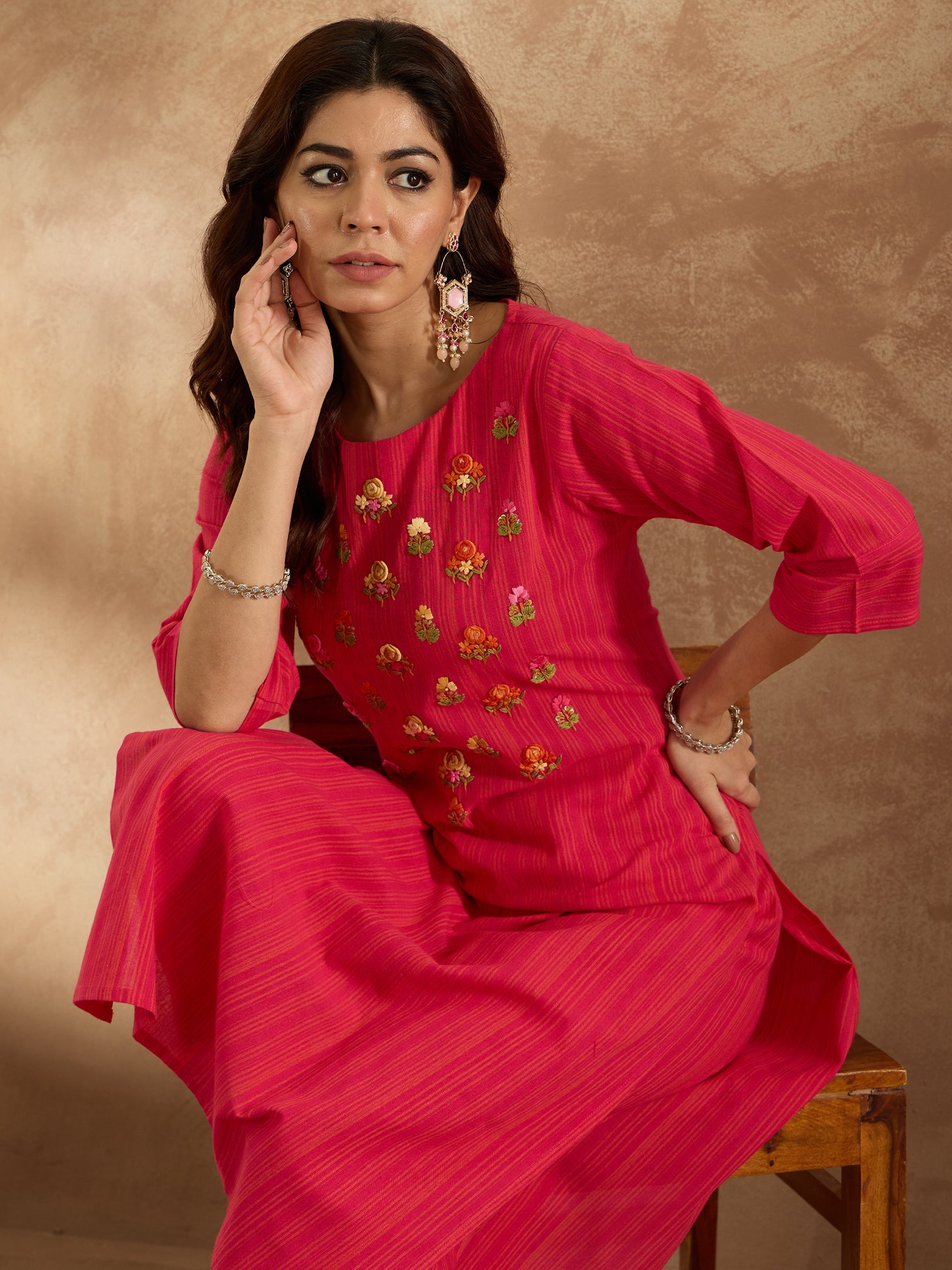 Indo Era Pink Embroidered Straight Kurta Trousers Set