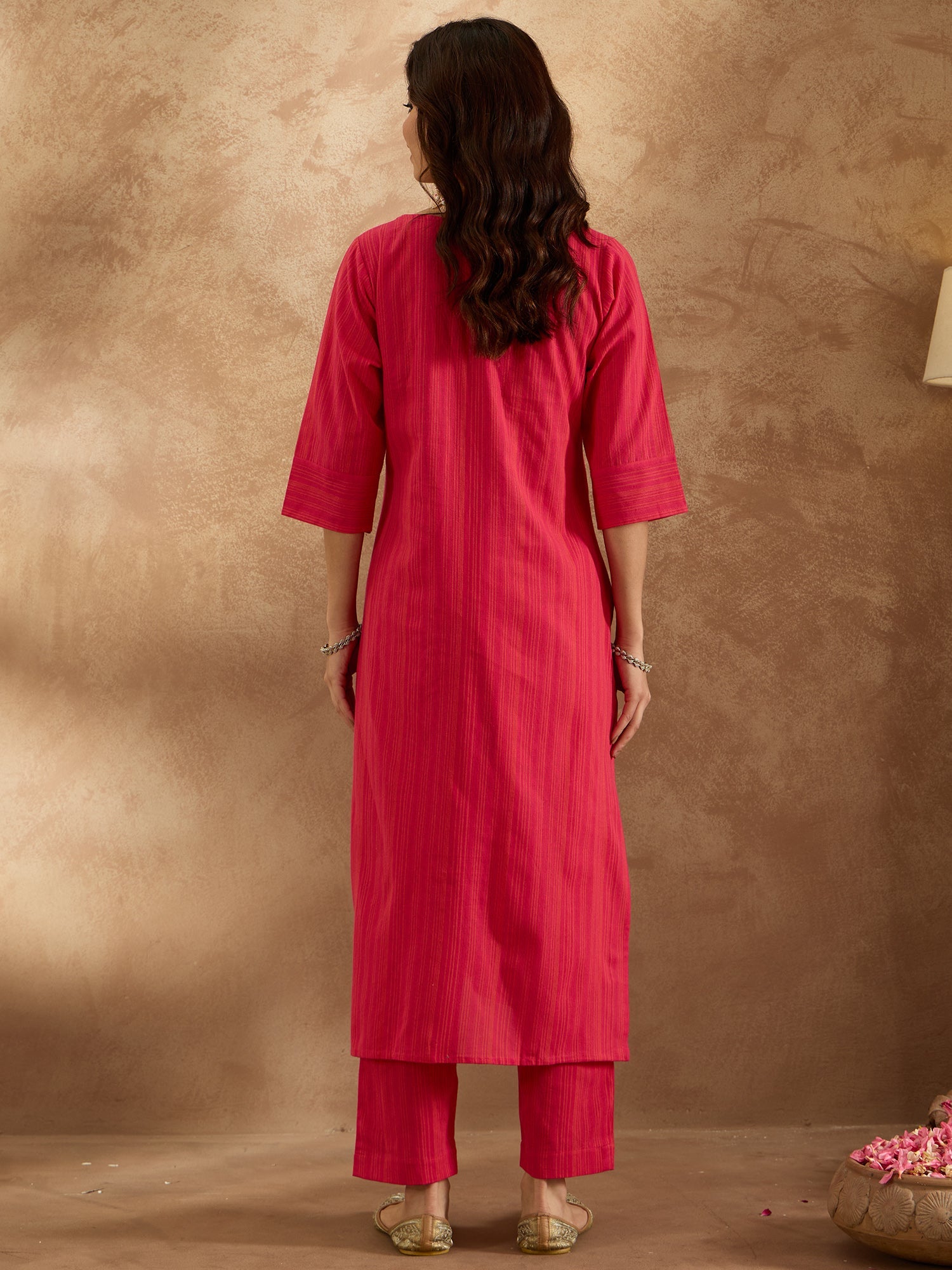 Indo Era Pink Embroidered Straight Kurta Trousers Set