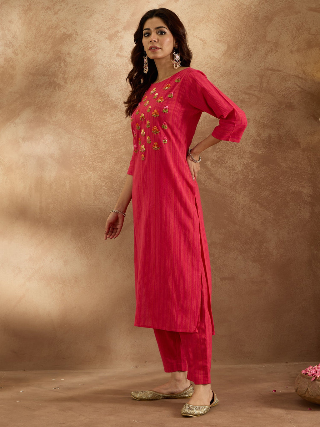 Indo Era Pink Embroidered Straight Kurta Trousers Set