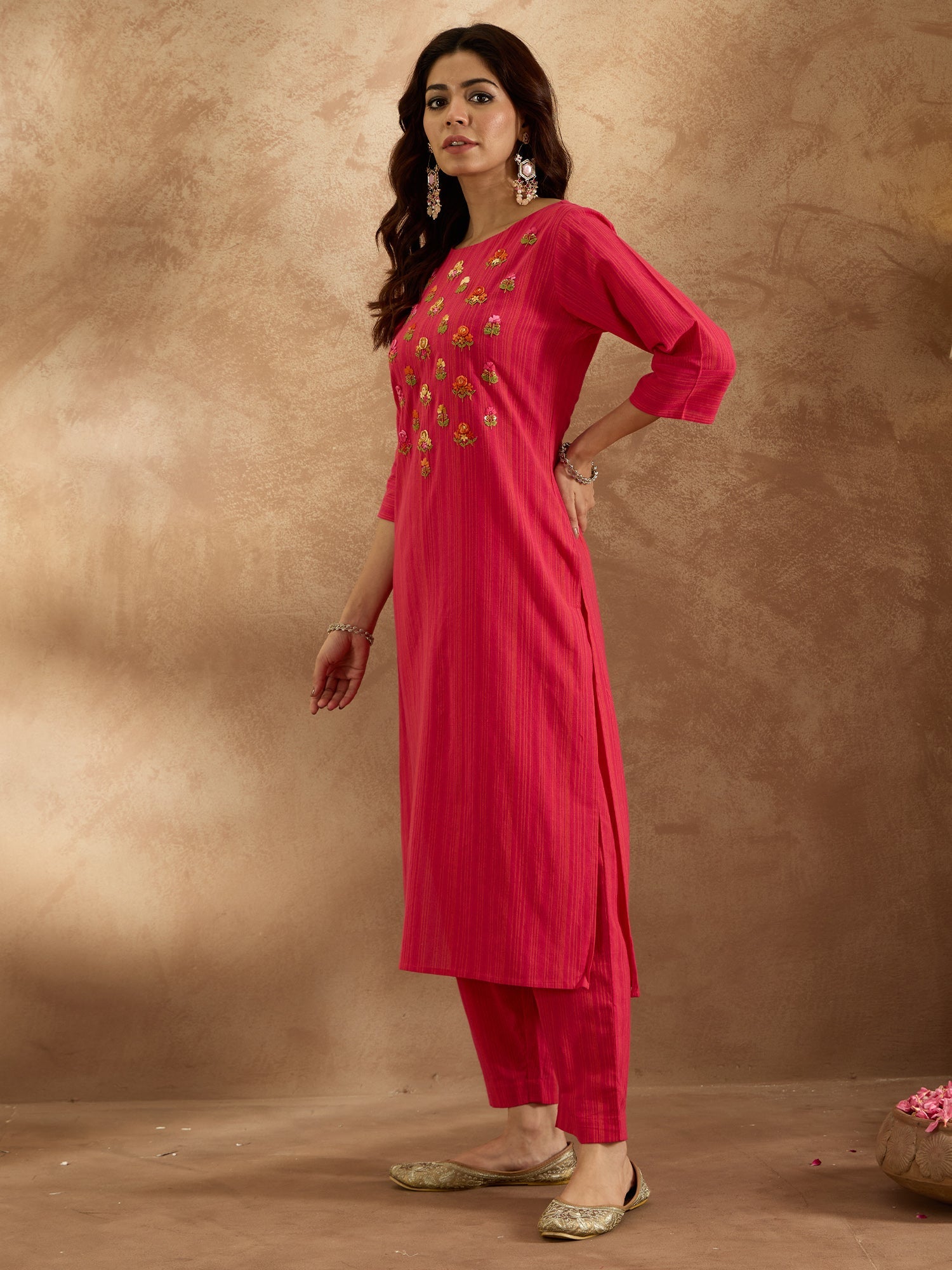 Indo Era Pink Embroidered Straight Kurta Trousers Set