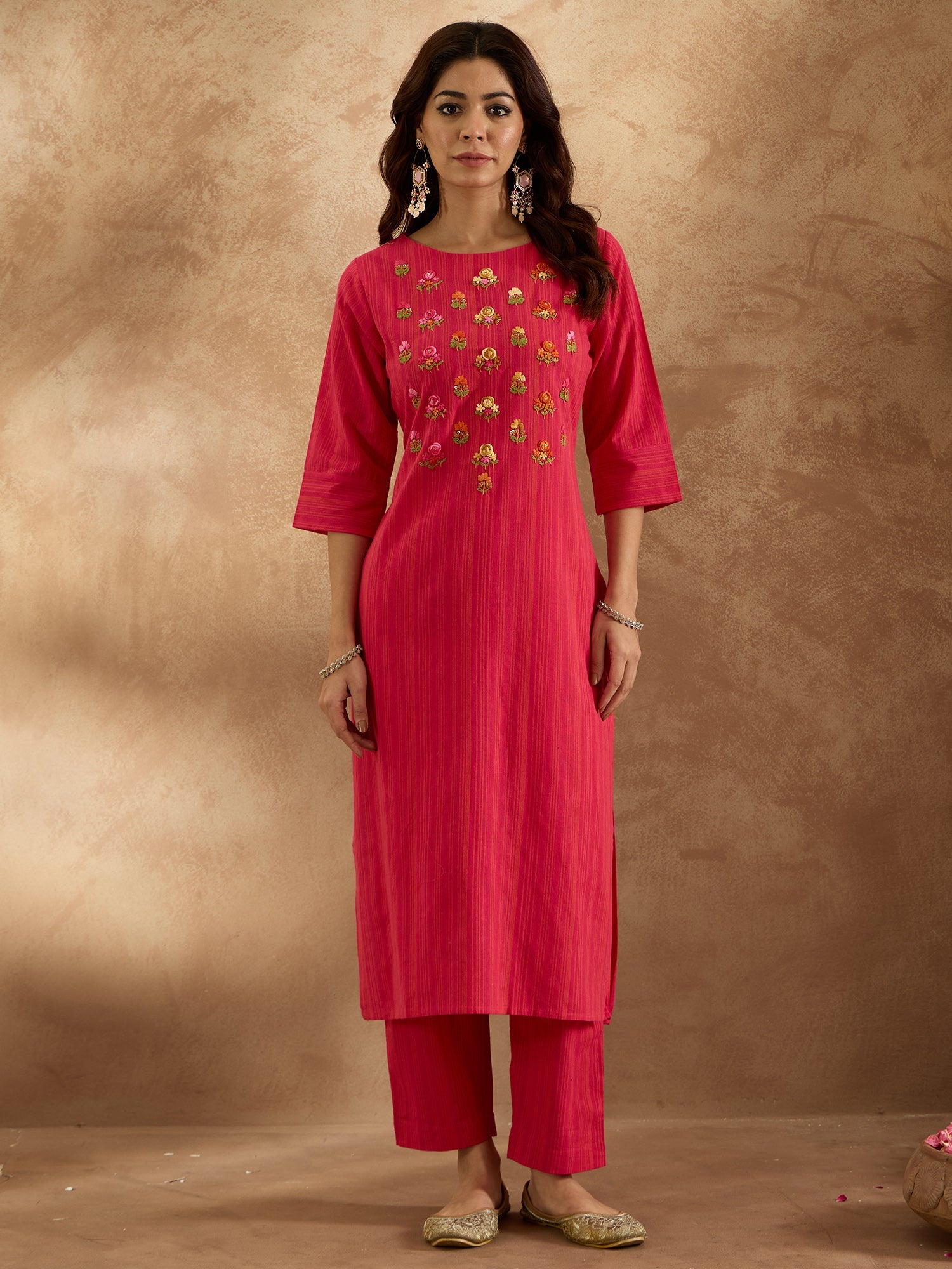 Indo Era Pink Embroidered Straight Kurta Trousers Set