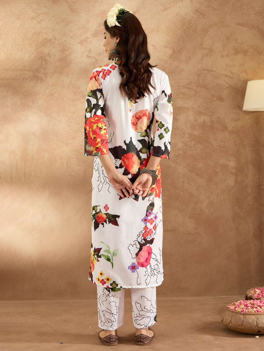 Indo Era White Printed Straight Kurta Trousers Set