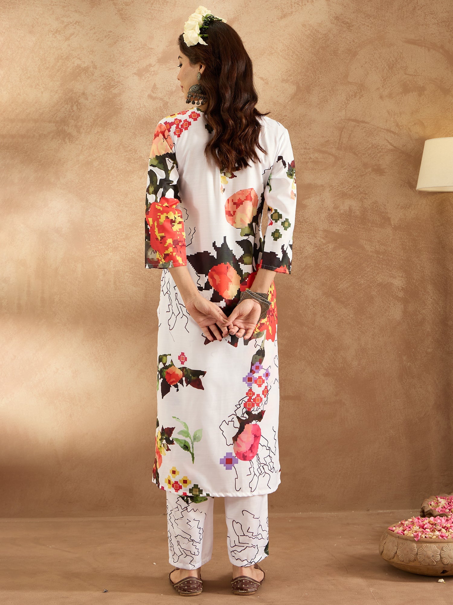 Indo Era White Printed Straight Kurta Trousers Set