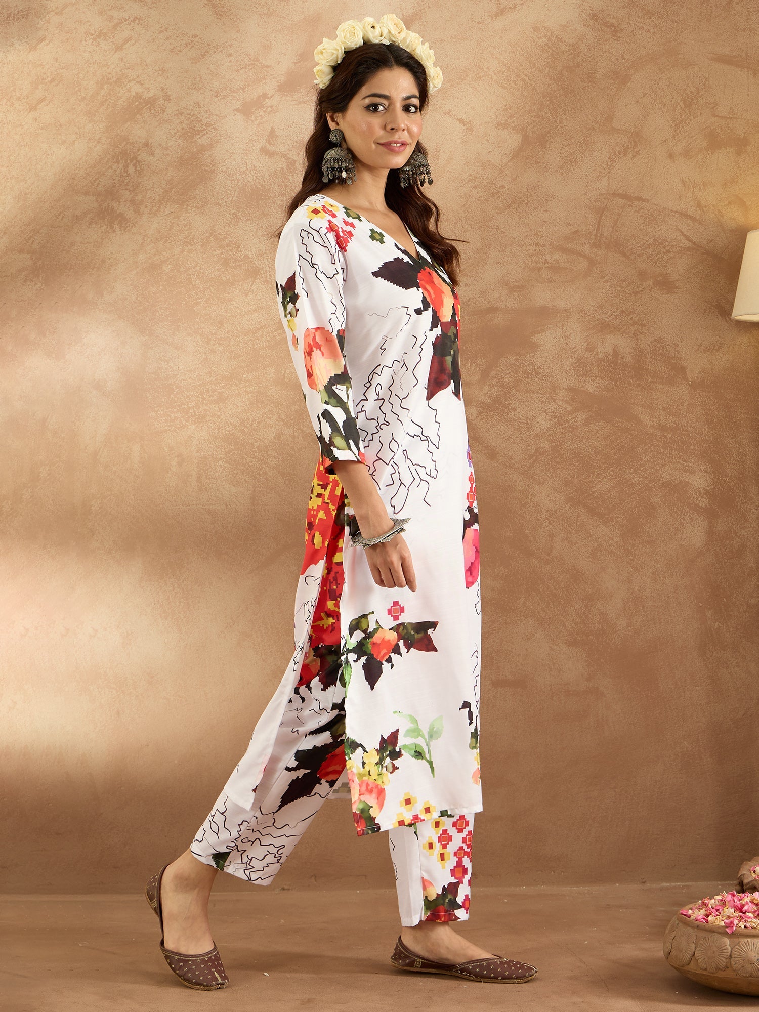 Indo Era White Printed Straight Kurta Trousers Set