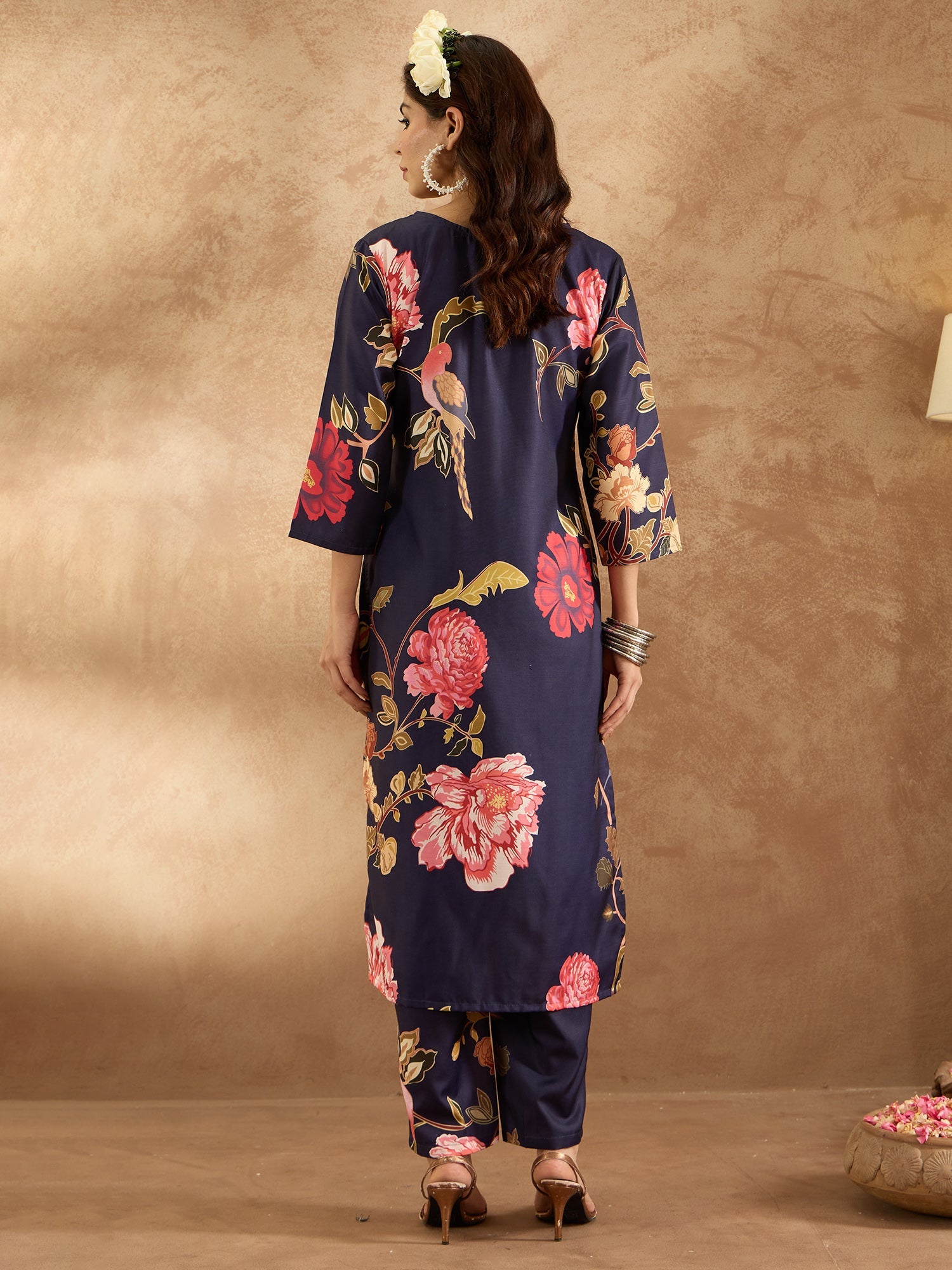 Indo Era Navy Blue Printed Straight Kurta Trousers Set