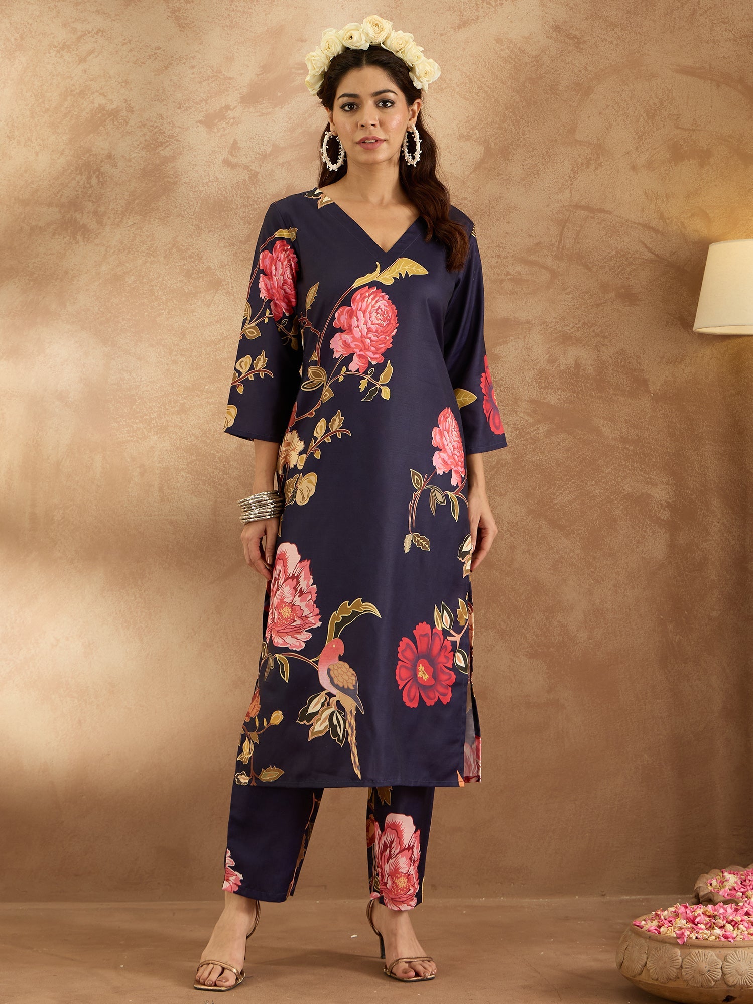 Indo Era Navy Blue Printed Straight Kurta Trousers Set