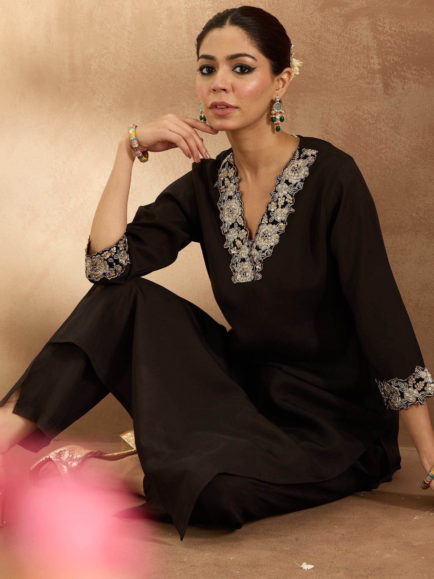 Indo Era Black Embroidered Straight Kurta Trousers Set