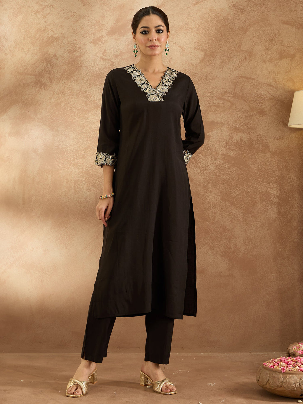 Indo Era Black Embroidered Straight Kurta Trousers Set