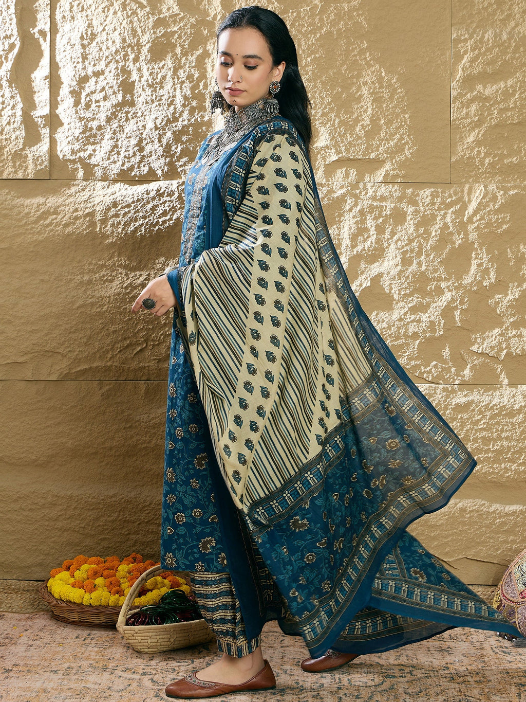 Indo Era Teal Printed Straight Kurta Salwar With Dupatta set