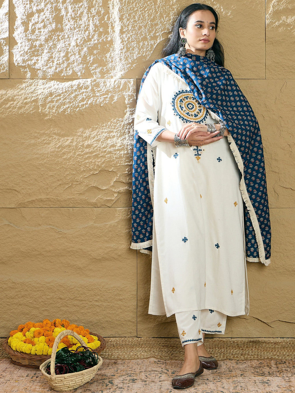 Indo Era Cream Embroidered Straight Kurta Trousers With Dupatta Set