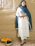 Indo Era Cream Embroidered Straight Kurta Trousers With Dupatta Set