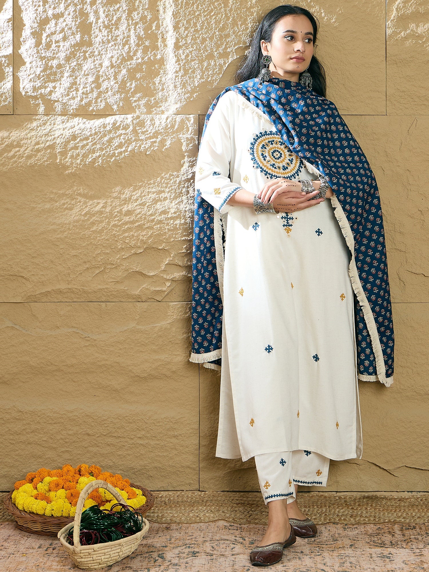 Indo Era Cream Embroidered Straight Kurta Trousers With Dupatta Set