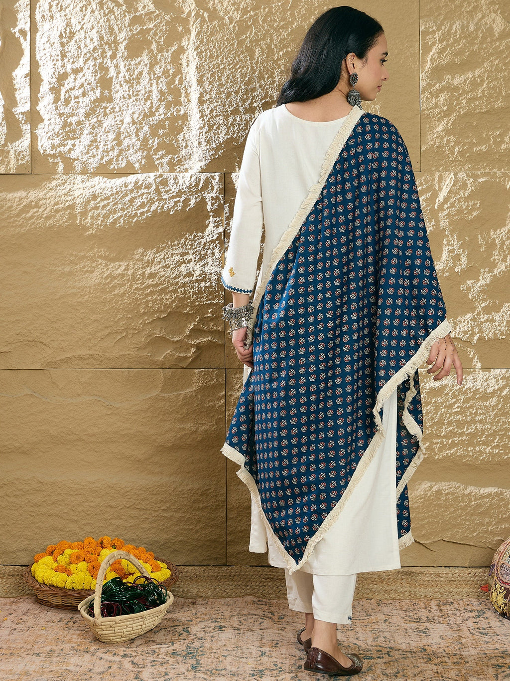 Indo Era Cream Embroidered Straight Kurta Trousers With Dupatta Set