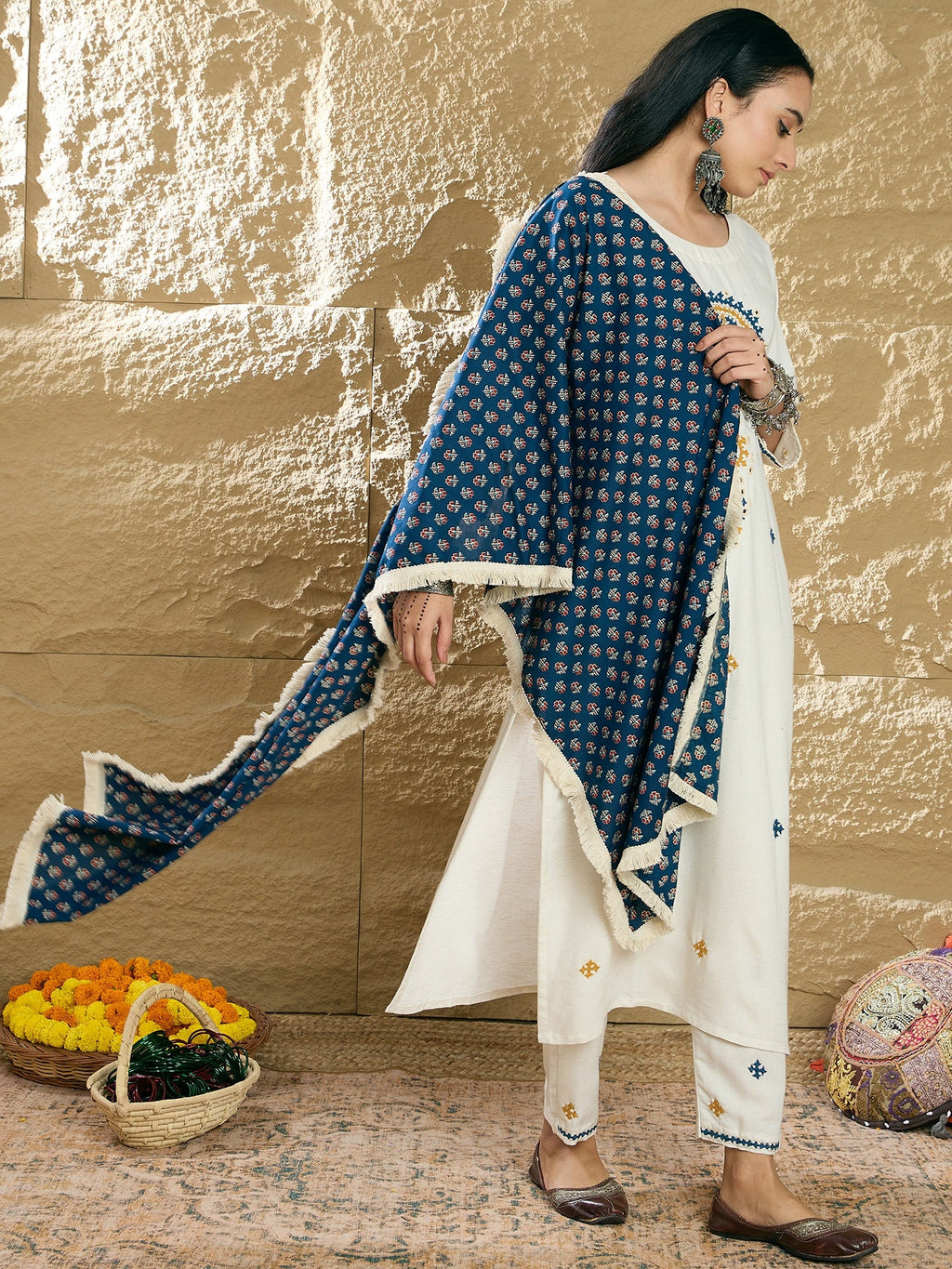 Indo Era Cream Embroidered Straight Kurta Trousers With Dupatta Set