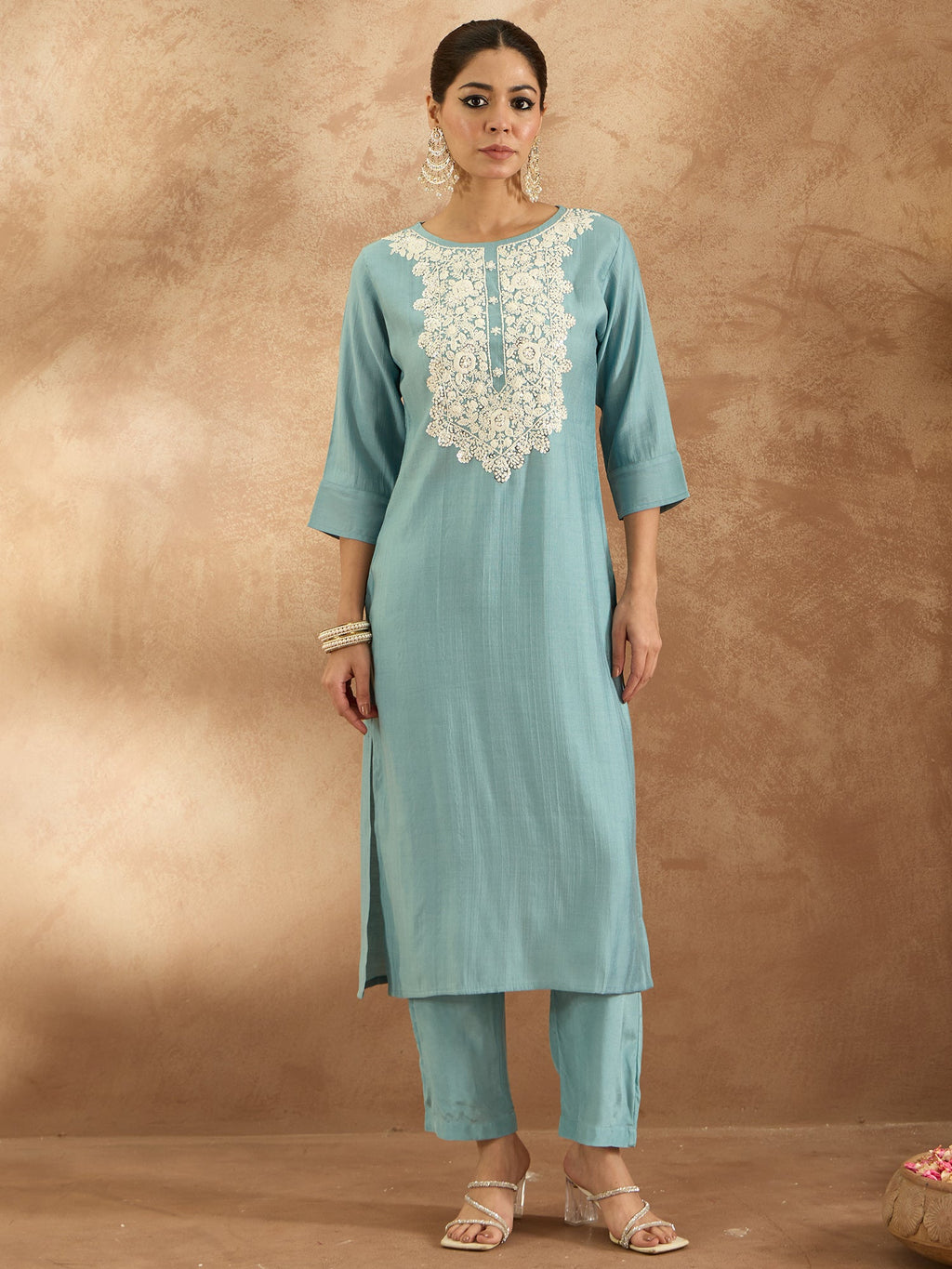Indo Era Blue Embroidered Straight Kurta Trousers Set