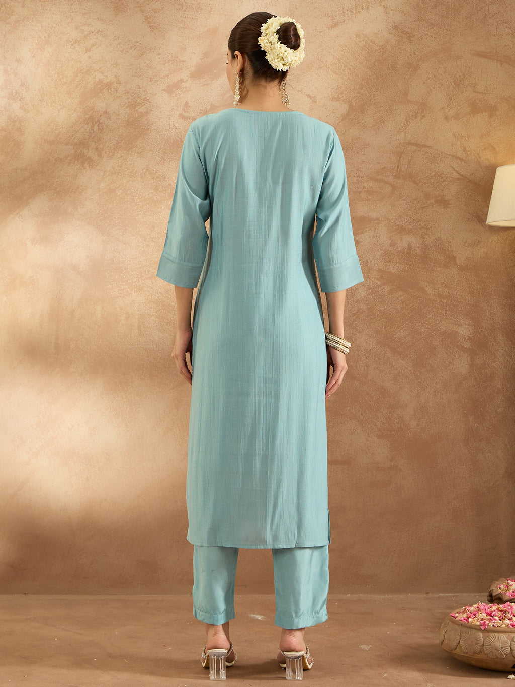 Indo Era Blue Embroidered Straight Kurta Trousers Set