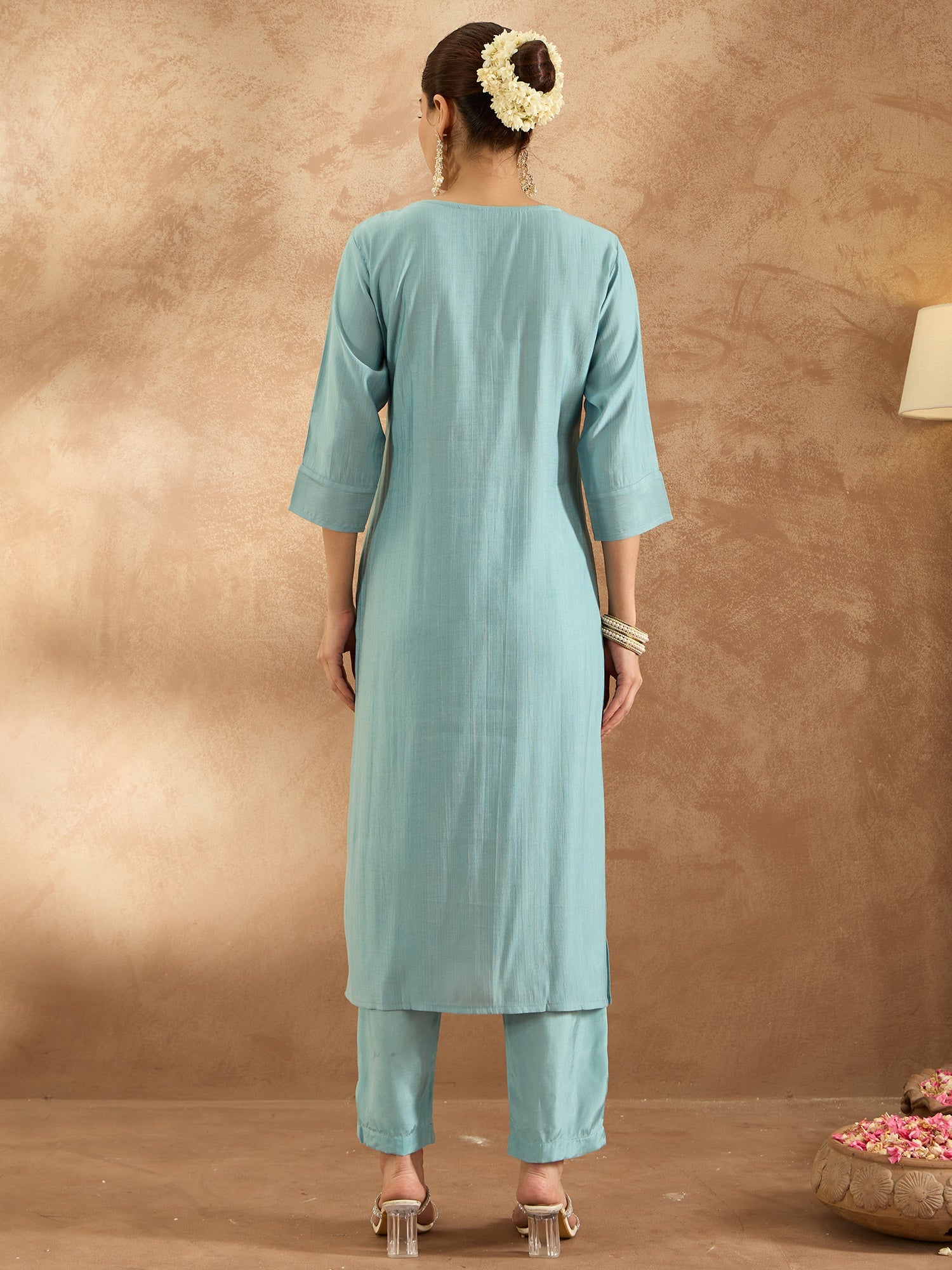 Indo Era Blue Embroidered Straight Kurta Trousers Set