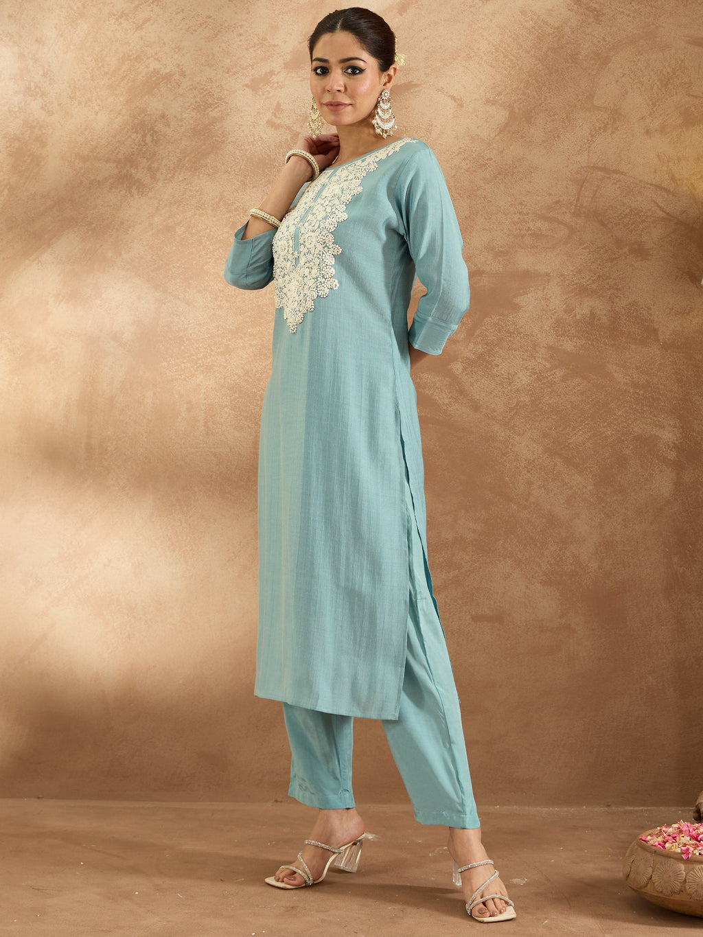 Indo Era Blue Embroidered Straight Kurta Trousers Set