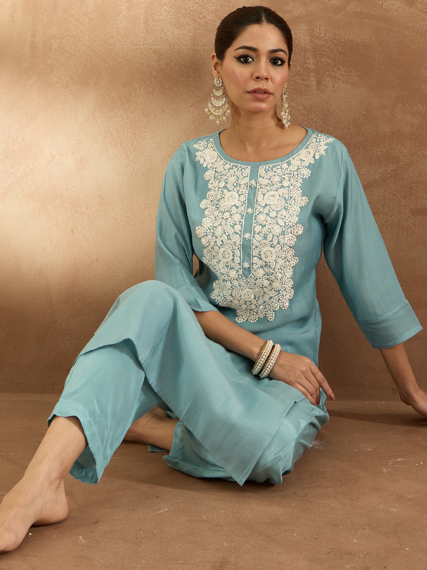 Indo Era Blue Embroidered Straight Kurta Trousers Set