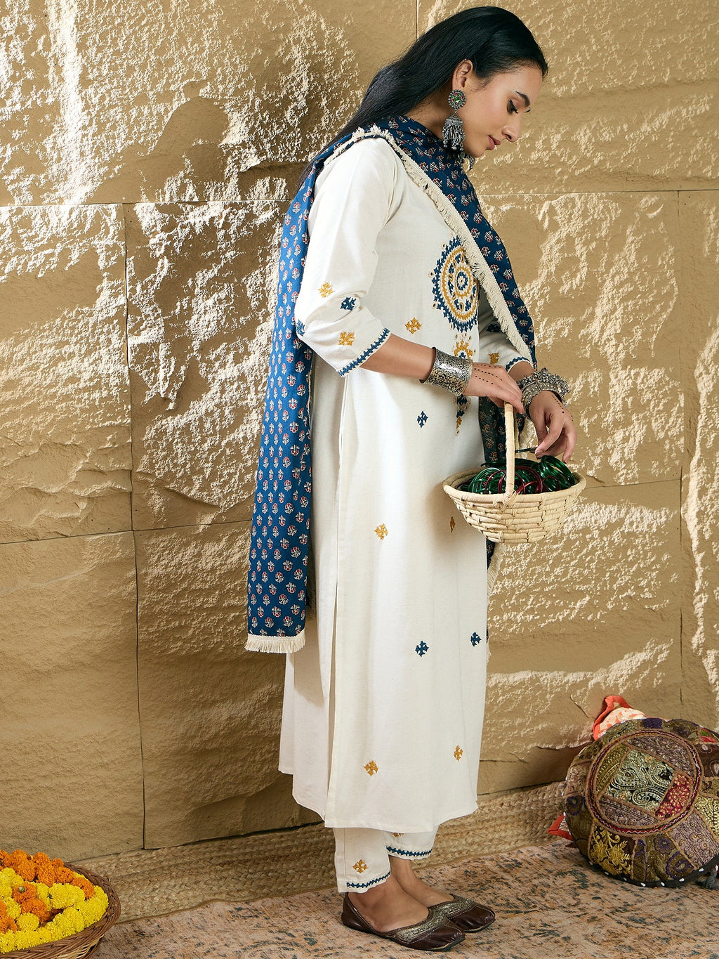 Indo Era Cream Embroidered Straight Kurta Trousers With Dupatta Set