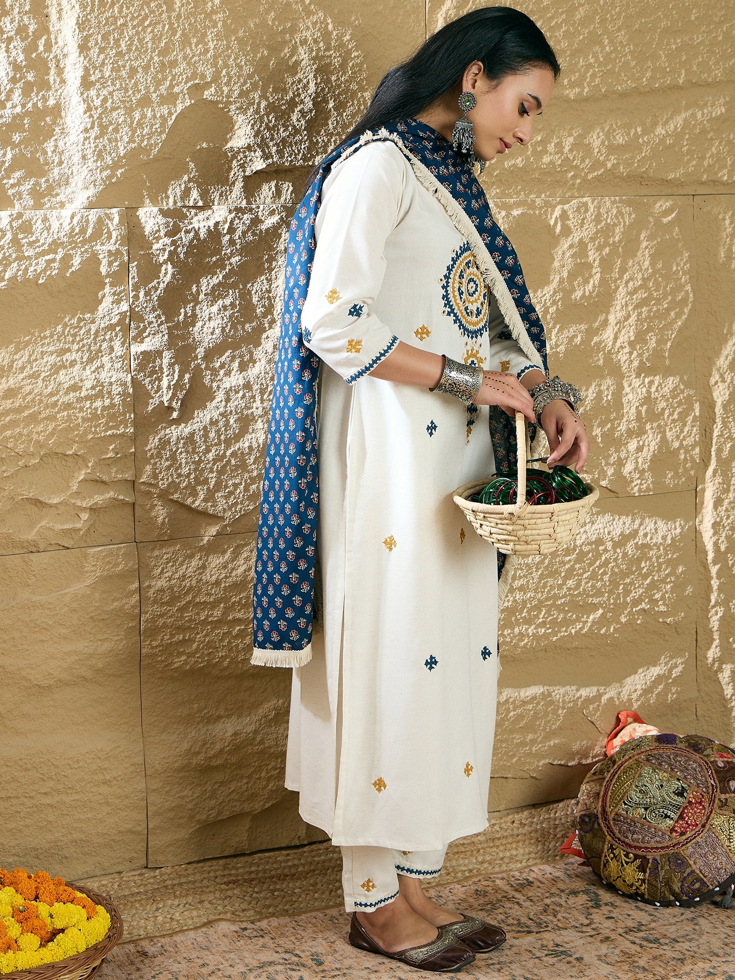 Indo Era Cream Embroidered Straight Kurta Trousers With Dupatta Set