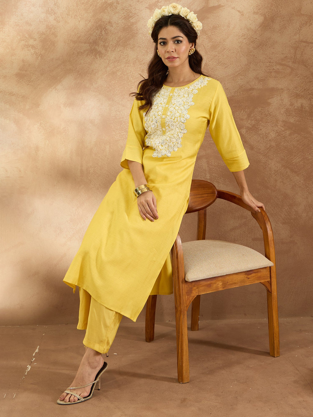 Indo Era Yellow Embroidered Straight Kurta Trousers Set