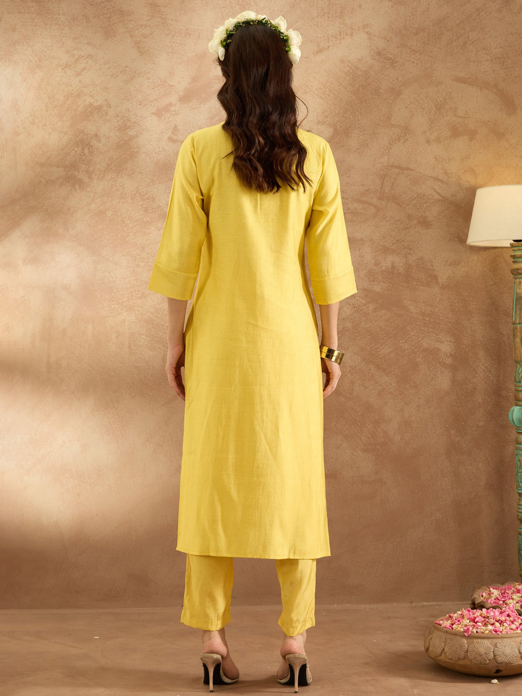 Indo Era Yellow Embroidered Straight Kurta Trousers Set