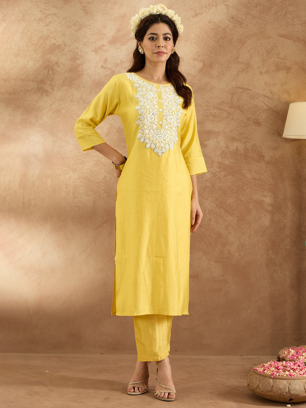 Indo Era Yellow Embroidered Straight Kurta Trousers Set