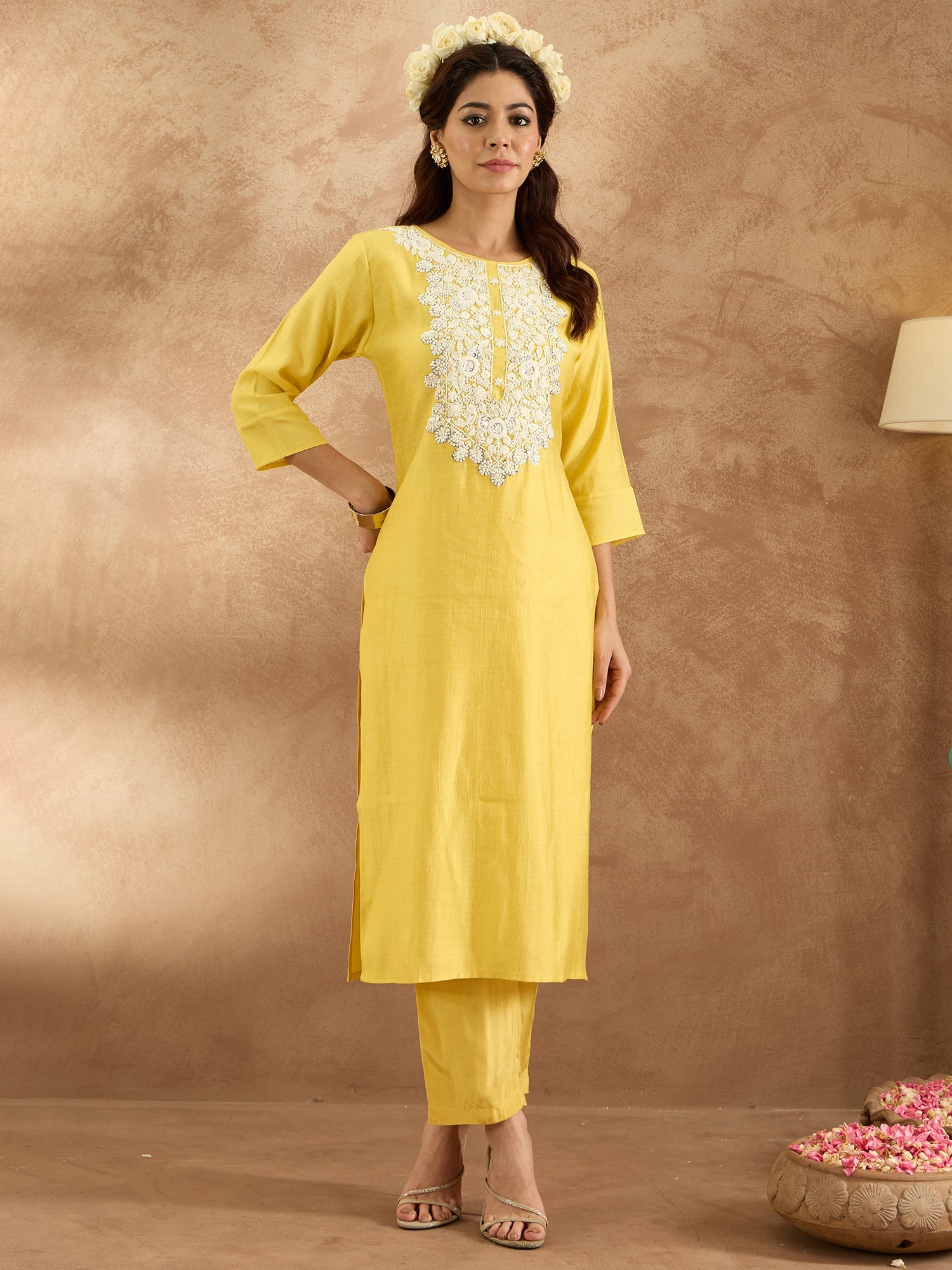 Indo Era Yellow Embroidered Straight Kurta Trousers Set